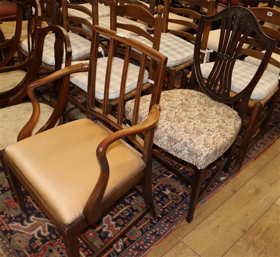 A Regency mahogany rail back elbow chair and a Hepplewhite style shield back dining chair (2)